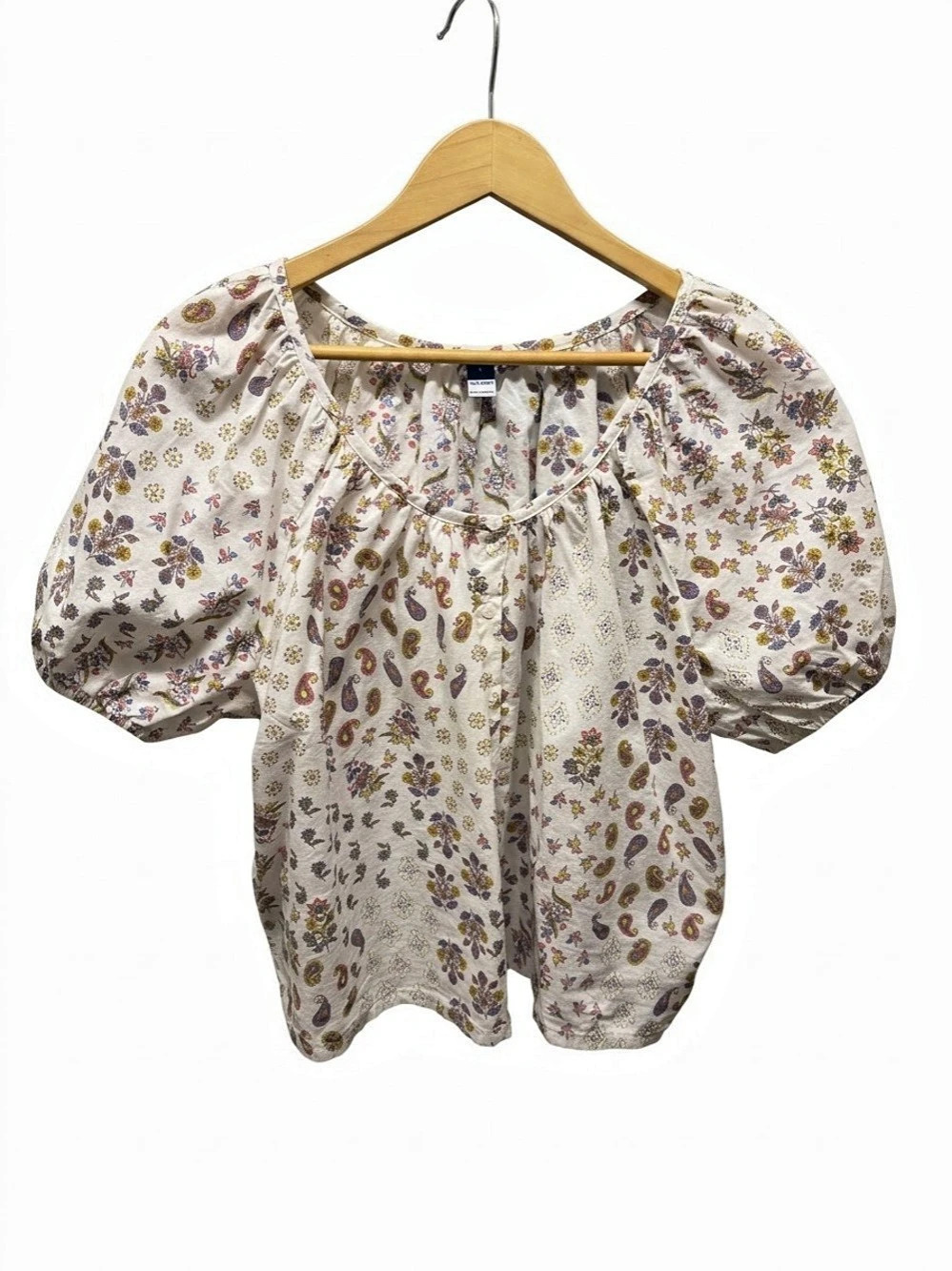 Old Navy Paisley Puff Sleeve Blouse in White Size Large Like New